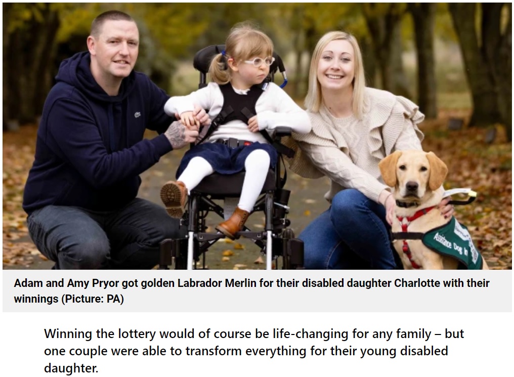 2017年、宝くじで1億円を超える賞金を獲得した英ケント州在住の夫妻。障がいを抱える娘のために家を購入し、介助犬を迎えていた（画像は『Metro　2022年1月19日付「Couple’s ￡1,000,000 lottery win helped them buy support dog for disabled daughter」（Picture: PA）』のスクリーンショット）