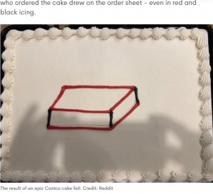 Redditで今年4月に投稿されたコストコに特別注文したという“勘違いケーキ”。「赤で縁取りだけして！」と注文していたという（画像は『7NEWS Australia　2023年4月5日付「Costco’s ‘hilarious’ cake fail leaves the internet in stitches」（Credit: Reddit）』のスクリーンショット）