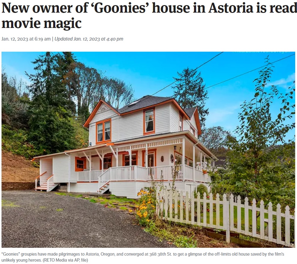 大ヒット映画『グーニーズ』の熱烈なファンは今年1月、主人公マイキーの家として撮影に使われた米オレゴン州の民家を約2億1千万円で購入していた（画像は『The Seattle Times　2023年1月12日付「New owner of ‘Goonies’ house in Astoria is ready to embrace movie magic」（RETO Media via AP, file）』のスクリーンショット）