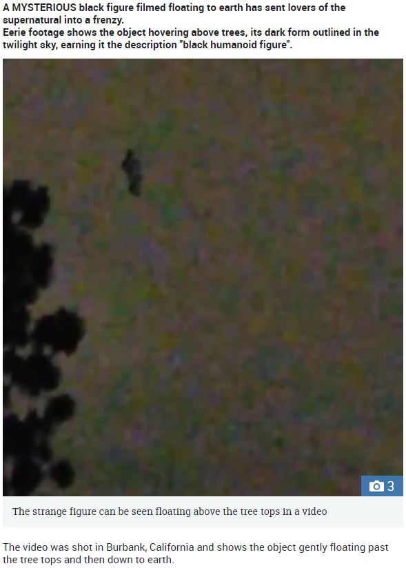 米カリフォルニア州上空で2019年5月、人型の未確認物体が撮影される。「フライング・ヒューマノイド？」「UFOでは？」と話題になった（画像は『The Sun　2019年5月13日付「‘IT’S A FALLEN ANGEL’ Moment ‘black humanoid figure descends from sky’ sending supernatural fans into a frenzy」』のスクリーンショット）