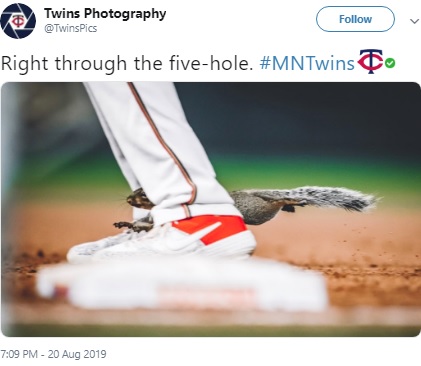 2019年8月、メジャーリーグベースボールの試合で2日間にわたってリスが乱入。選手も「ここはリスのホームなんだろうね」とジョークを飛ばしていた（画像は『Twins Photography　2019年8月20日付X「Right through the five-hole. ＃MNTwins」』のスクリーンショット）