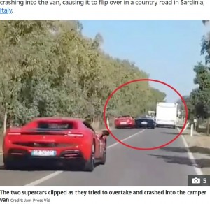 イタリアで開催されたスーパーカーツアーで今年10月、キャンピングカーを追い越そうとしたランボルギーニにフェラーリが衝突。2人が死亡した（画像は『The Sun　2023年10月3日付「SUPERCAR HORROR Two burn to death in supercar tour crash as Ferrari and Lamborghini smash into camper van during overtake」（Credit: Jam Press Vid）』のスクリーンショット）