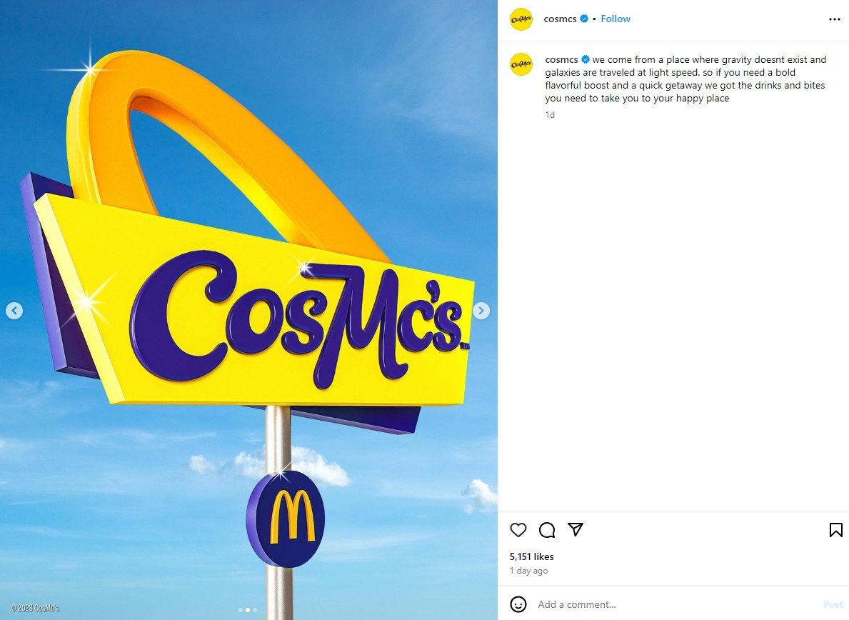 米マクドナルド社は、ソフトドリンクに特化した「CosMc’s」の1号店をシカゴ郊外でオープンする （画像は『CosMc’s　2023年12月6日付Instagram「we come from a place where gravity doesnt exist and galaxies are traveled at light speed.」』のスクリーンショット）