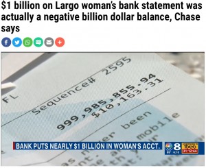 2021年6月、銀行口座から現金を引き出そうとした米フロリダ州在住の女性。口座残高を確認すると1100億円以上のお金が入っていたことに驚くも、実は銀行側が詐欺被害を防ぐために取った手段だった（画像は『WFLA　2021年6月23日付「＄1 billion on Largo woman’s bank statement was actually a negative billion dollar balance, Chase says」』のスクリーンショット）