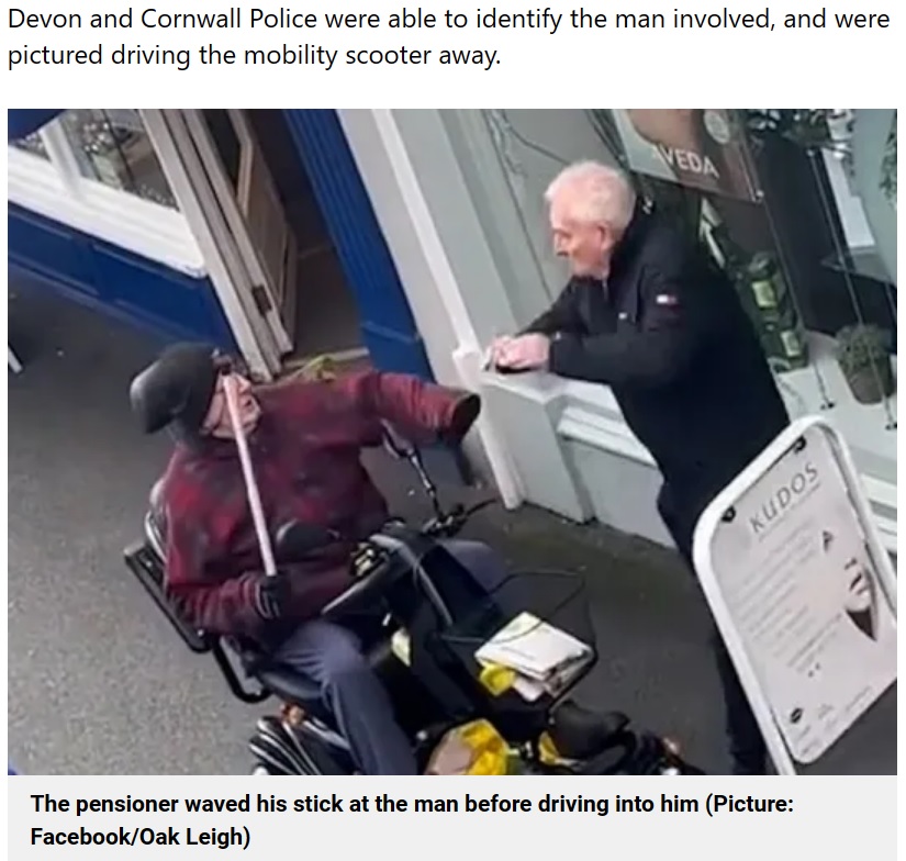 パン屋を訪れた電動スクーターに乗った高齢男性。買おうとしていた商品の最後の1つを他の客に取られてしまい、身勝手な行動に出た（画像は『Metro　2023年12月13日付「Man knocked down by mobility scooter in revenge for ‘buying the last pasty’」（Picture: Facebook/Oak Leigh）』のスクリーンショット）