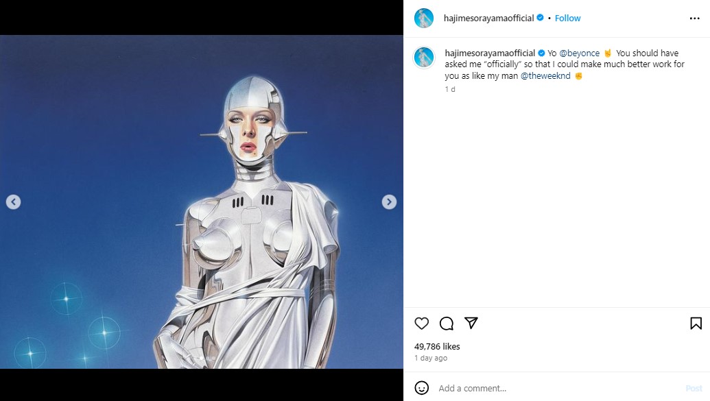 女性の官能的な美しさとロボットを融合した「セクシーロボット」。1978年に同シリーズを発表し、世界的に有名になった（画像は『Hajime Sorayama　2023年12月12日付Instagram「Yo ＠beyonce」』のスクリーンショット）