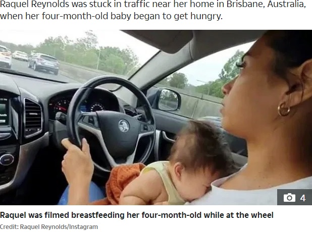 豪クイーンズランド州在住の4児の母親、2020年に生後4か月の我が子に授乳しながら運転する姿をSNSに投稿し、物議を醸していた（画像は『The Irish Sun　2020年1月14日付「BABY ON BOARD Mum stuns fellow drivers and followers by breastfeeding her baby while driving on a motorway」（Credit: Raquel Reynolds/Instagram）』のスクリーンショット）