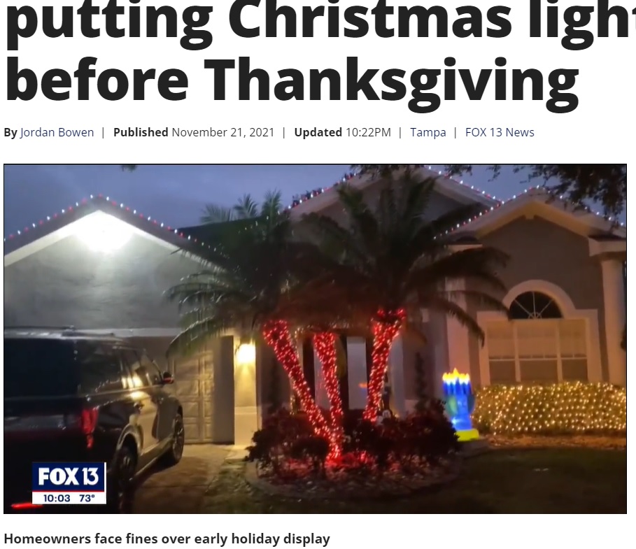 米フロリダ州のある家は2021年11月6日、クリスマス用イルミネーションを専門業者に設置してもらった。しかし自治会から「設置が早すぎる」と警告され、罰金の危機に直面していた（画像は『FOX 13 Tampa Bay　2021年11月21日付「‘A little too extreme’: Tampa family could face fines for putting Christmas lights up before Thanksgiving」』のスクリーンショット）