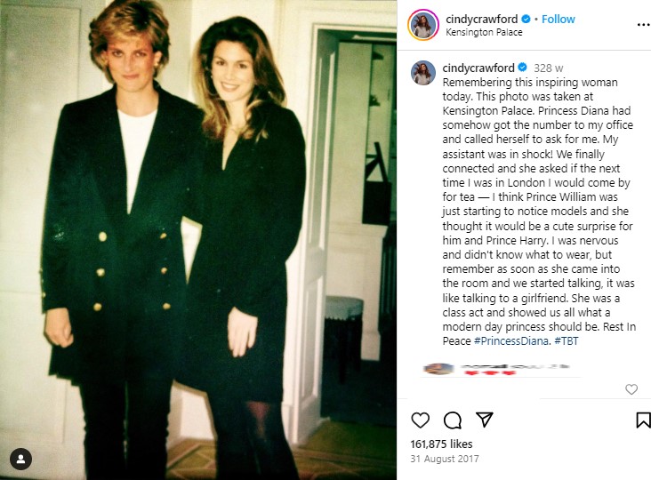 2017年、ダイアナ妃の命日にシンディが公開したオリジナルの投稿。シンディがダイアナ妃と対面することになった経緯も記されている（画像は『Cindy Crawford　2017年8月31日付Instagram「Remembering this inspiring woman today.」』のスクリーンショット）