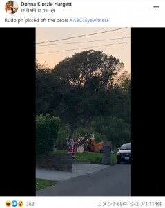 2021年のクリスマス前、米カリフォルニア州のある家に飾られたトナカイのデコレーションが大きく弾む。原因は子グマに襲われたことによるものだった（画像は『Donna Klotzle Hargett　2021年12月9日付Facebook「Rudolph pissed off the bears」』のスクリーンショット）