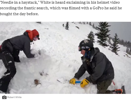 2021年には米コロラド州の山中で雪崩が発生し、1頭の犬が生き埋めになった。犬の発見には20分を要しており、緊迫した救出劇の様子を捉えた動画が拡散した（画像は『ABC News　2022年1月4日付「Helmet video captures Colorado college students rescuing dog buried in avalanche」（Robert White）』のスクリーンショット）