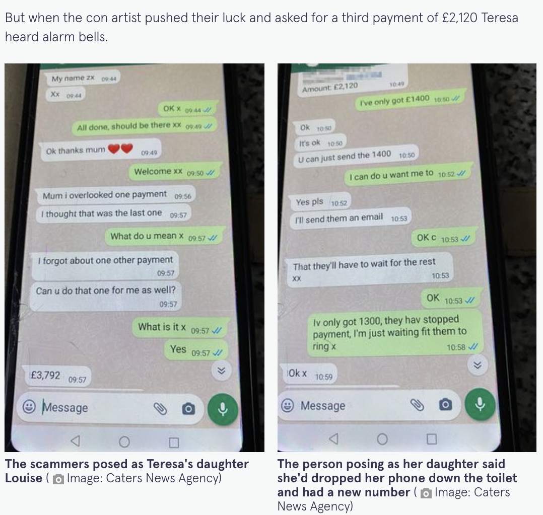 英ロンドン在住の女性は2021年、メッセンジャーアプリ「WhatsApp」で娘を装った詐欺師に約101万円を奪われてしまった。当時は「完全に油断していた」と語っていた（画像は『The Mirror　2021年11月19日付「Gran loses ￡6,500 after ‘fraudster pretends to be her daughter in WhatsApp messages’」（Image: Caters News Agency）』のスクリーンショット）
