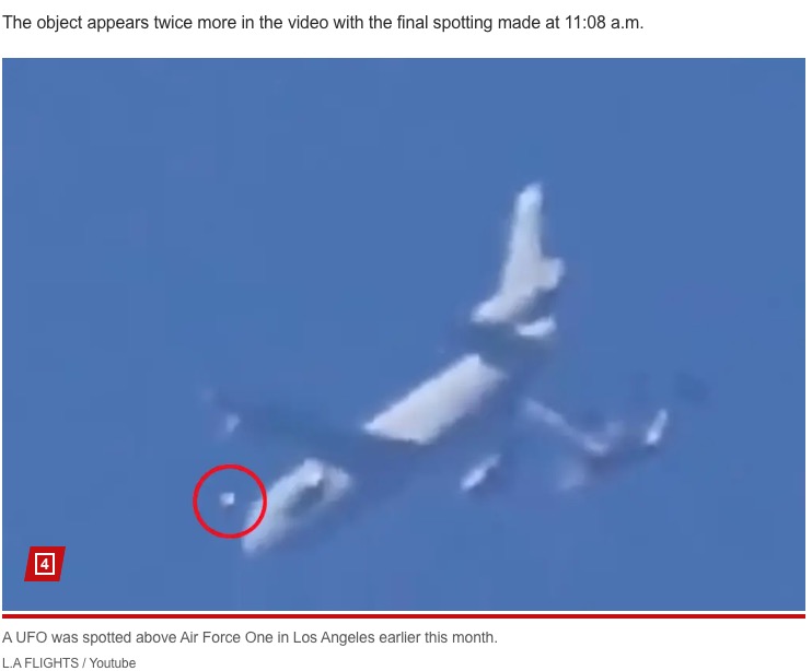 飛行機愛好家の兄弟が、米空軍の空中給油・輸送航空機「KC-10」をかすめるように飛行する謎の球体を映像に捉える（画像は『New York Post　2023年12月24日付「UFO appears to fly by Air Force One at LAX during Biden visit」（L.A FLIGHTS / Youtube）』のスクリーンショット）
