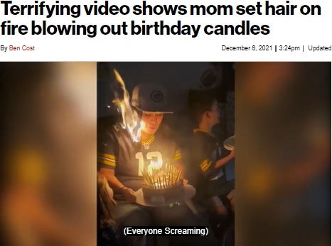 米ユタ州在住の女性は2021年11月、誕生日ケーキのロウソクの火が髪に燃え移る。女性は「私のこれまでの人生が走馬灯のように蘇りました」と振り返っていた（画像は『New York Post　2021年12月6日付「Terrifying video shows mom set hair on fire blowing out birthday candles」（Kennedy News and Media）』のスクリーンショット）