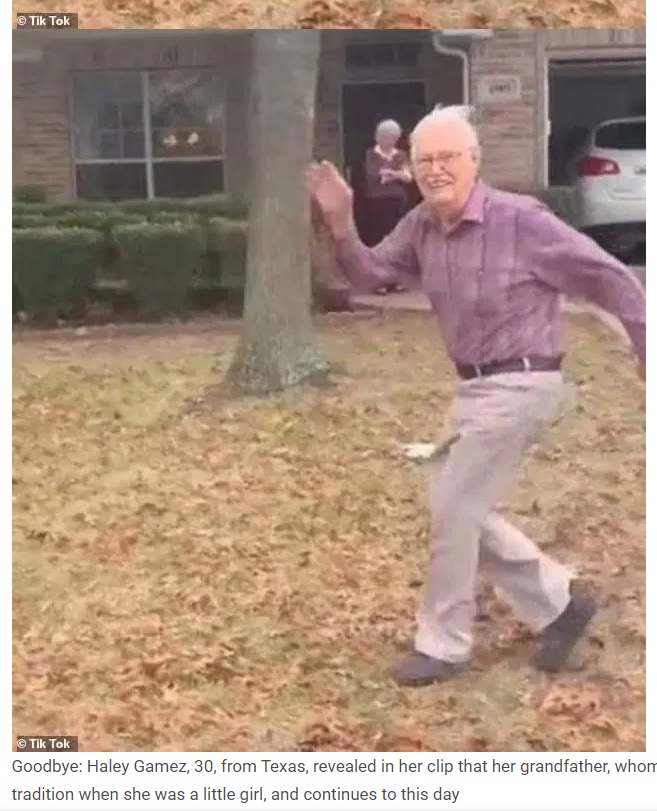 米テキサス州で2021年に89歳の祖父の家を訪ねた女性。祖父は毎回、見送りの際には車を追いかけて懸命に走るという（画像は『WhatNew2Day　2021年1月16日付「Beautiful videos of the 89-year-old grandfather’s farewell ritual go viral」（Tik Tok）』のスクリーンショット）