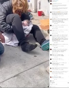 米カリフォルニア州サンフランシスコで今年4月、歩道で出産した女性の動画がSNSに投稿される。撮影者はこの女性について「その日の午後、“クラック”を吸引し続けていた」と明かして物議を醸していた（画像は『Arisley T Pacheco　2023年4月9日付Instagram「NEWS ＆ Education ONLY」』のスクリーンショット）