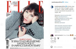 仏版『ELLE』10月号の表紙を飾ったイザベル・アジャーニ（画像は『Isabelle Adjani　2023年10月29日付Instagram「ntretien dans ＠ellefr avec Marion Ruggieri, autour de l’album」』のスクリーンショット）