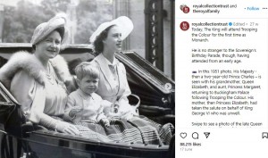 1951年、祖母クイーン・マザーと母エリザベス女王とともに馬車に乗るチャールズ王子。当時から手は大きく、長い指をしていた（画像は『Royal Collection Trust　2023年6月17日付Instagram「Today, The King will attend Trooping the Colour for the first time as Monarch.」』のスクリーンショット）
