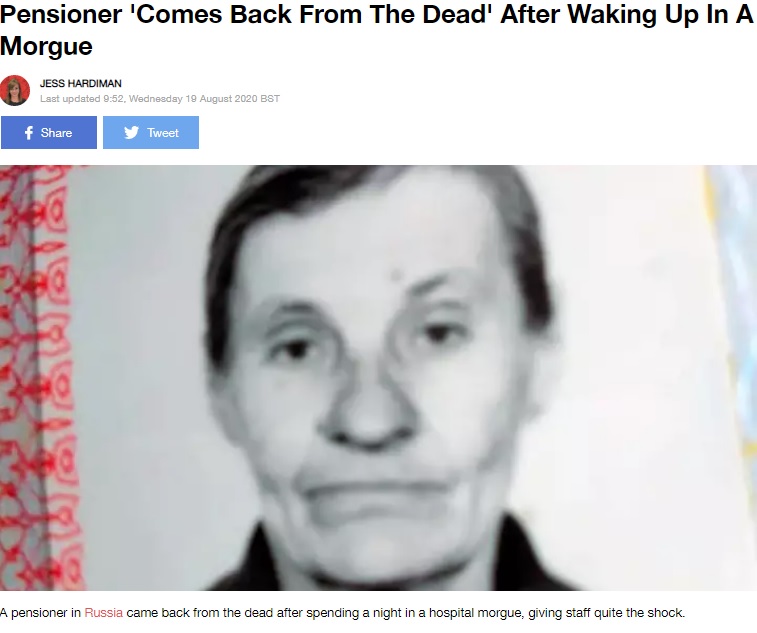 ロシアで2020年8月、手術後に心肺停止で死亡宣告を受け、遺体安置室に運ばれた女性。その後、自力で床に転がり、生きていることが明らかになった（画像は『LADbible　2020年8月19日付「Pensioner ‘Comes Back From The Dead’ After Waking Up In A Morgue」（Credit: East 2 West News）』のスクリーンショット）