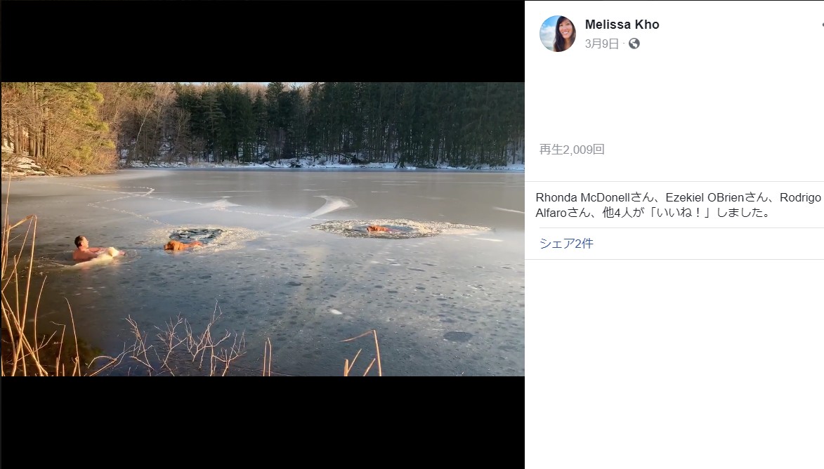 米ニューヨーク州で2019年3月、貯水池の水面に張った氷の割れ目に落ちた2頭の犬。2頭を救うために男性とその愛犬が凍った池に飛び込んだ（画像は『Melissa Kho　2019年3月9日付Facebook「Just witnessed something amazing: My hubby （and pup） rescuing two dogs trapped in the ice」』のスクリーンショット）