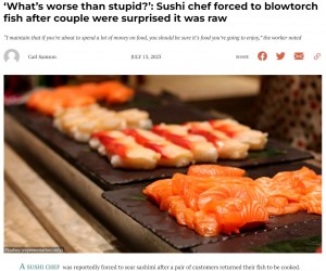 アメリカのある寿司レストランで働くスタッフが2023年7月、海外掲示板サイト「Reddit」に客とのやりとりを投稿。刺身を出したところ「焼いて」と突き返されたという（画像は『NextShark　2023年7月13日付「‘What’s worse than stupid?’: Sushi chef forced to blowtorch fish after couple were surprised it was raw」（Pixabay）』のスクリーンショット）