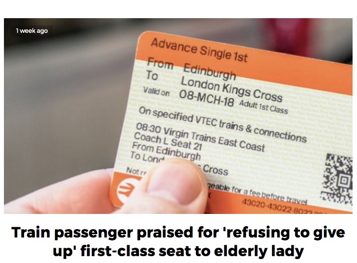2022年10月、ある女性が『Reddit』に「自分で予約していた席を高齢者に譲らなかった私って最低？」と題した投稿が注目を集めた。女性は列車の特等席を予約していたという（画像は『JOE.co.uk　2022年10月24日付「Train passenger praised for 'refusing to give up' first-class seat to elderly lady」』のスクリーンショット）