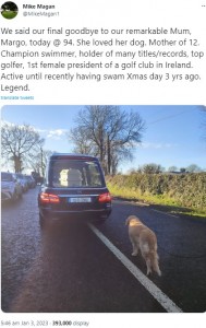 アイルランドで2022年12月、94歳の生涯を閉じた女性。その棺を乗せた霊柩車追いかける飼い犬の姿に多くの人の心を揺さぶっていた（画像は『Mike Magan　2023年1月3日付X「We said our final goodbye to our remarkable Mum, Margo, today ＠ 94.」』のスクリーンショット）