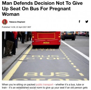 バスで職場に通っていた男性。2020年10月頃『Reddit』に「妊婦に席を譲らなかったんだけど、僕ってそんなに最低？」投稿して物議を醸した（画像は『LADbible　2021年4月22日付「Man Defends Decision Not To Give Up Seat On Bus For Pregnant Woman」』のスクリーンショット）