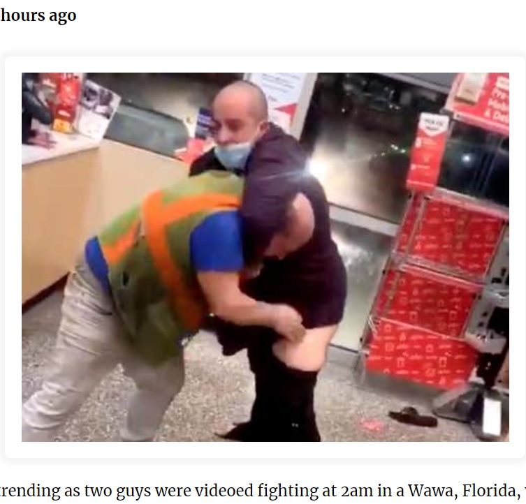 米フロリダ州オーランドにあるガソリンスタンドに併設されたコンビニで2020年11月の深夜、男性2人による喧嘩が発生。店は「もう二度と来ないでくれ」と呆れていた（画像は『Gistvic Blog　2020年11月24日付「Viral video of two men fighting at 2am in a Wawa at Florida trends」』のスクリーンショット）