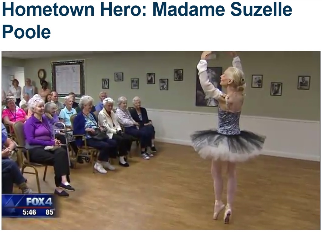 米テキサス州ダラス在住でプロのバレリーナとして70年のキャリアを持つ女性。2017年、77歳になった時点で一日2時間の練習をこなしていた（画像は『FOX 4 News　2017年9月11日付「Hometown Hero: Madame Suzelle Poole」』のスクリーンショット）