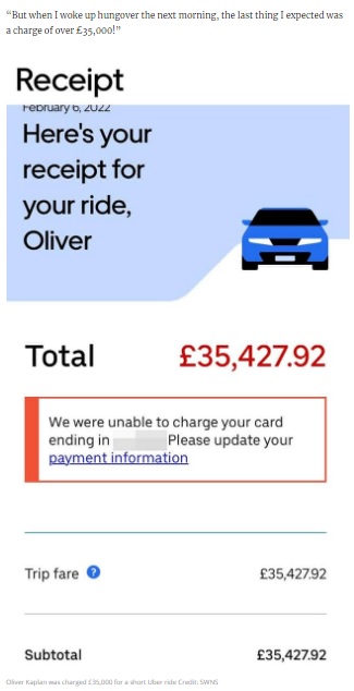 2022年10月、イギリスで配車サービス・ウーバーを利用した男性が15分乗っただけで500万円超を請求されたことが話題になった（画像は『ManchesterWorld　2022年10月7日付「Uber passenger charged ￡35,000 for four-mile ride in Greater Manchester」（Credit: Oliver Kaplan / SWNS）』のスクリーンショット）