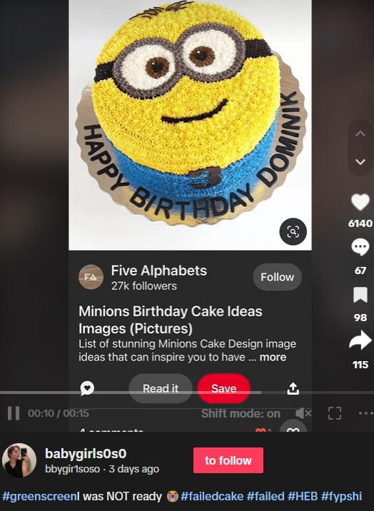 2歳になる息子の誕生日会のために、ある女性が映画『ミニオンズ』に登場するキャラクター「ミニオン」をテーマにした写真のようなケーキを注文した（画像は『bbygir1soso　2023年10月28日付TikTok「＃greenscreen I was NOT ready」』のスクリーンショット）