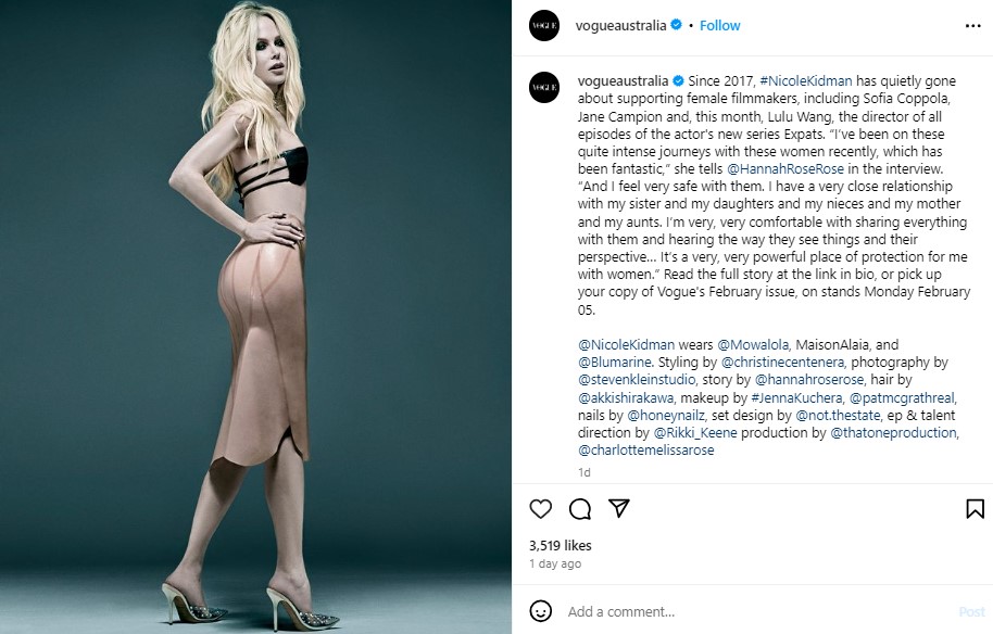 黒いストラップレスのブラを着けてポーズを取るニコール。スカートはボディラインにフィットしたデザインだ（画像は『Vogue Australia　2024年1月25日付Instagram「Since 2017, ＃NicoleKidman has quietly gone about supporting female filmmakers, including Sofia Coppola,」』のスクリーンショット）