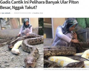 インドネシアのジャワ島で2020年、6匹の巨大なヘビをペットとして飼っている14歳の少女が話題に。彼女のTikTokのフォロワーは約1か月間で110万人を突破していた（画像は『Lampung77.com　2020年7月23日付「Gadis Cantik Ini Pelihara Banyak Ular Piton Besar, Nggak Takut?」（Foto:Instagram＠chalwa17）』のスクリーンショット）