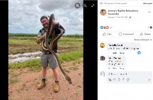 ジェレミーさんはヘビがワラビーを吐き出すのを待って捕獲。現場から数キロ離れたサトウキビ畑に、畑主の許可を得たうえで放したそうだ（画像は『Jeremy’s Reptile Relocations Townsville　2024年1月11日付Facebook「Oh my scrubby!!」』のスクリーンショット）