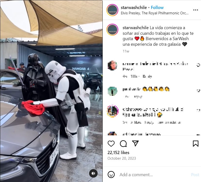 「スター・ウォッシュ」では、スタッフがスター・ウォーズのキャラクターになり切って洗車や車内の拭き掃除などを行っており、人気を集めている（画像は『Star Wash　2023年10月19日付Instagram「La vida comienza a soñar así cuando trabajas en lo que te gusta」』のスクリーンショット）