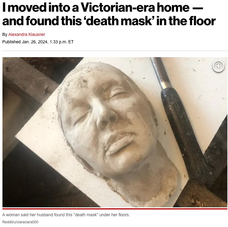 ヴィクトリア様式の家の床下から、死者の顔を型取りして作成したデスマスクらしき石膏物が見つかる（画像は『New York Post　2024年1月26日付「I moved into a Victorian-era home ― and found this ‘death mask’ in the floor」（Reddit/u/claraclara000）』のスクリーンショット）