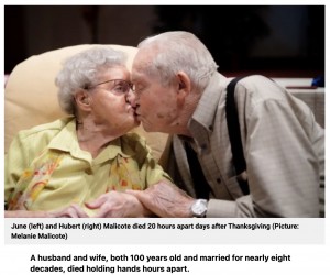 米オハイオ州で2022年11月、ともに100歳の夫婦が20時間差で旅立った。夫婦は同じ病室で手をつないだまま息を引き取ったという（『Metro　「Couple die holding hands just hours apart after being married for 80 years」（Picture: Melanie Malicote）』より）
