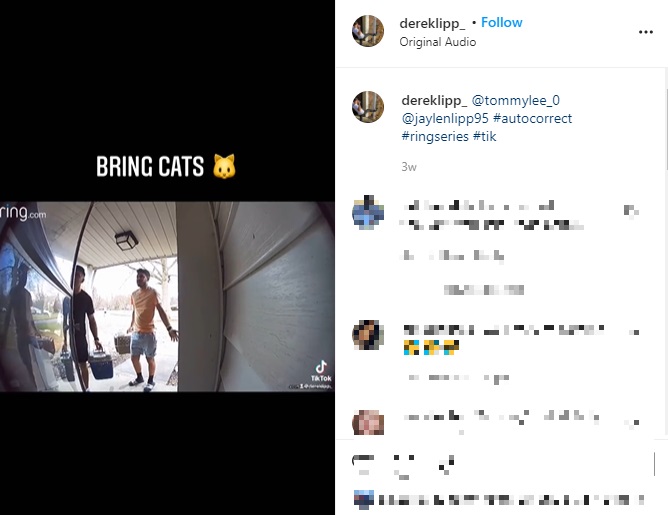 米オハイオ州在住の男性が2021年3月、自動変換にまつわる失敗動画を投稿。携帯が“バット”を“キャット”と誤変換し、ソフトボールの約束に“猫”を持った友人が続々現れたという（画像は『Derek Lipp　2021年3月27日付Instagram「＠tommylee_0 ＠jaylenlipp95 ＃autocorrect ＃ringseries ＃tik」』のスクリーンショット）