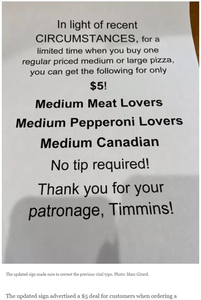 後日、同店は新しい張り紙に感謝の言葉を添えて「ピザを1枚購入した人に別のピザを5ドルで提供する」と告知した（画像は『blogTO　2024年1月30日付「Hilarious typo turns Ontario Pizza Hut location into viral phenomenon」（Photo: Marc Girard）』のスクリーンショット）