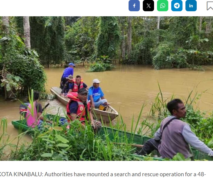 今月7日、マレーシアのある農場の川で48歳のインドネシア人男性が釣りをしたまま行方不明に。捜索にあたる人々（『The Star　「Rescuers searching for man feared mauled by crocodile in Kinabatangan」』より）