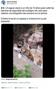 メキシコの動物園で2022年7月、14歳の少年が動物園のヒョウに襲われる。少年はヒョウにより近い場所で自撮りしたいと思ったようで、高さ1メートルほどの安全柵を越えていた（『Alerta Mundial　X「Un jaguar atacó a un niño de 13 años quien saltó las barreras de seguridad del zoológico de León para obtener una fotografía más cercana con el animal.」』より）