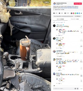 アメリカのTikTokユーザーが2023年11月、燃えてしまった愛車の様子を投稿。車内には無傷だったタンブラーが映っており、動画を見たタンブラーの販売会社社長が車をプレゼントしていた（『Danielle　TikTok「Thirsty after you catch on fire?」』より）