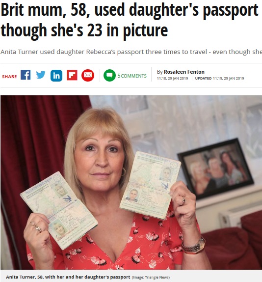 2019年、イギリスからフランスを通ってベルギーへ日帰り旅行した女性が、娘のパスポートで難なく出入国審査を通過していた（『Mirror　「Brit mum, 58, used daughter’s passport to travel - even though she’s 23 in picture」（Image: Triangle News）』より）