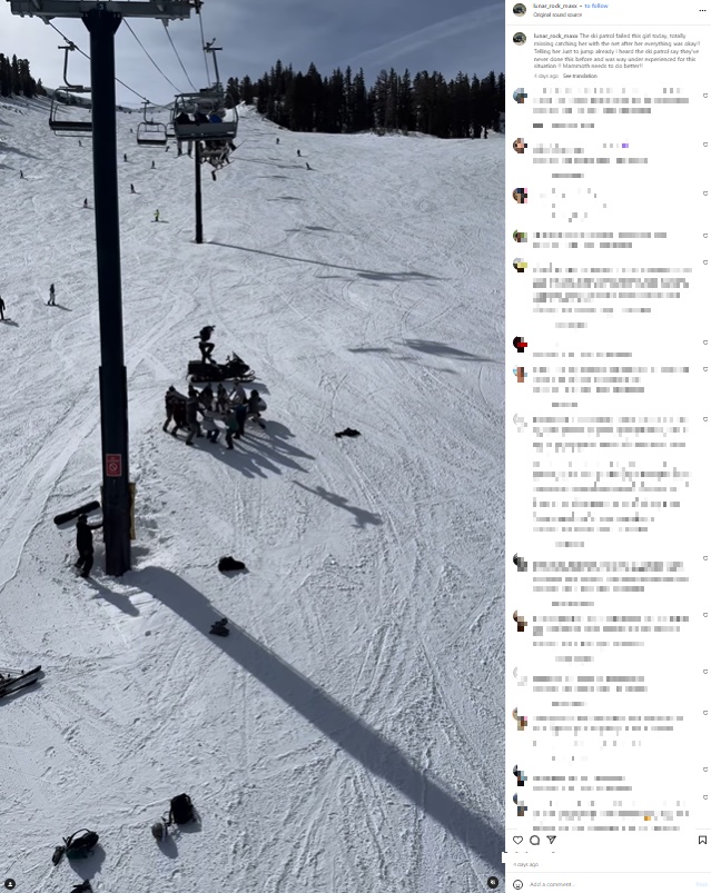 パトロール隊に「全て大丈夫だから」と説得されてジャンプした少女。転落後、「ドスン」という鈍い音が響いたそうで「顔から落ちたようだ」という情報も上がっている（画像は『Max　2024年1月28日付Instagram「The ski patrol failed this girl today」』のスクリーンショット）