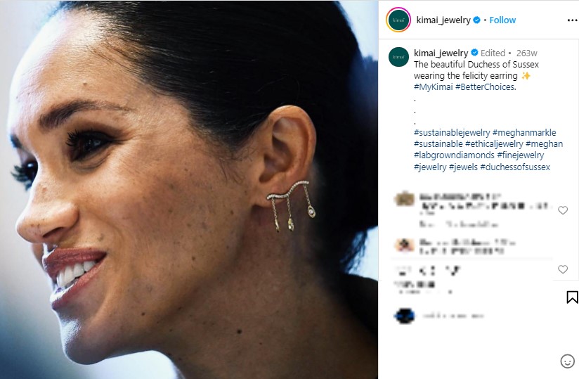 「Kimai」の公式Instagramが公開したメーガン妃の写真。「フェリシティ・イヤリングを着ける美しいサセックス公爵夫人」と記された（画像は『Kimaï　2019年1月10日付Instagram「The beautiful Duchess of Sussex wearing the felicity earring」』のスクリーンショット）