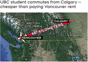1時間のフライトで大学まで通学するティムさん。1か月の交通費は13万円を超えるが、それでも家賃より安いという（『CTV News Vancouver　「UBC student commutes from Calgary -- cheaper than paying Vancouver rent」』より）