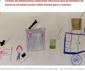 ブラジルの学校で2022年5月、ある少女が描いた絵。教師は異常に気付き、評議会に連絡。のちに45歳男が児童への性的虐待容疑で逮捕された（画像は『G1　2022年6月6日付「Homem é preso suspeito de estuprar criança após menina entregar desenho para professora relatando abuso, em Itumbiara」（Foto: Reprodução/TV Anhanguera）』のスクリーンショット）