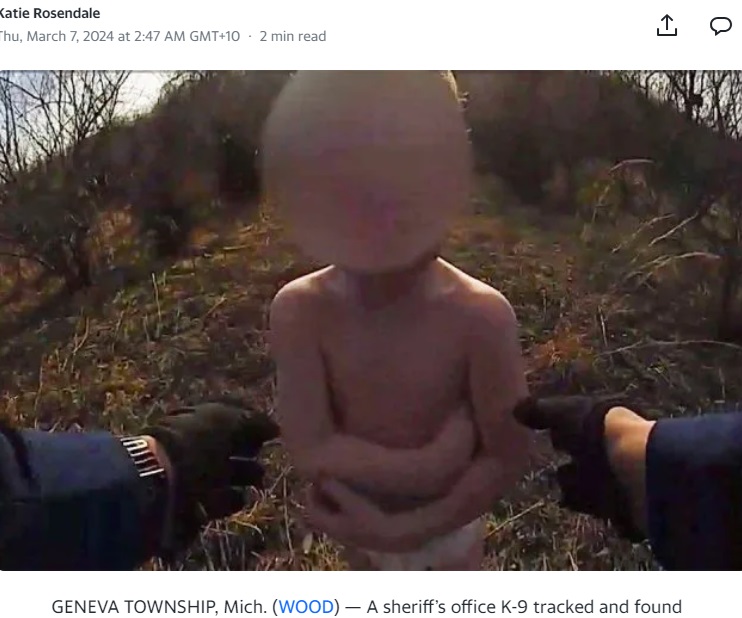 オムツをつけただけで自宅の窓の網戸から外に這い出した3歳男児。警察の通報から約1時間後、森の中で無事発見された（『Yahoo　「‘Good positive ending’: Bodycam shows K-9 find missing 3-year-old」』より）