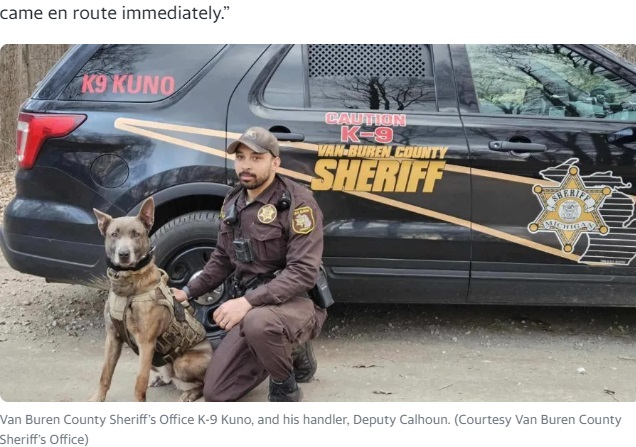 警察犬“クノ”とハンドラーが行方不明の子供を発見したのは、今回で5度目だったという（『Yahoo　「‘Good positive ending’: Bodycam shows K-9 find missing 3-year-old」（Courtesy Van Buren County Sheriff’s Office）』より）